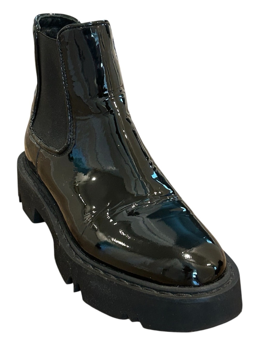 Aquatalia Haylie Patent Black Leather Chelsea Bootie with Lug Sole 7.5